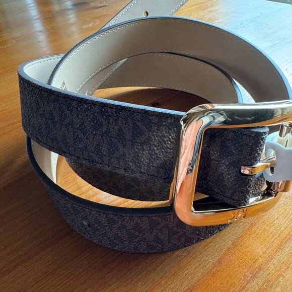 NWT MICHAEL KORS MK Brown/Tan Logo Belt with Goldtone Buckle Style 556267C in XL - Picture 2 of 11